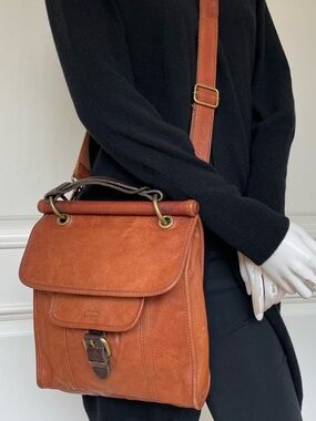 Fossil Long Live Vintage 1954 Cognac Leather Crossbody Satchel Bag